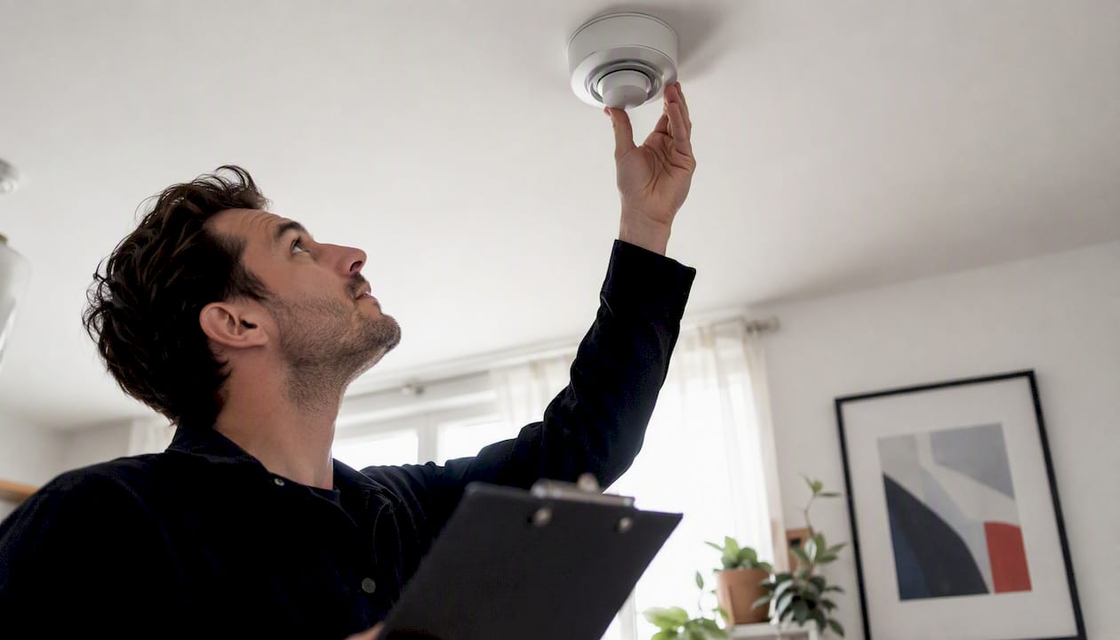 Landlord inspecting smoke detector in apartment