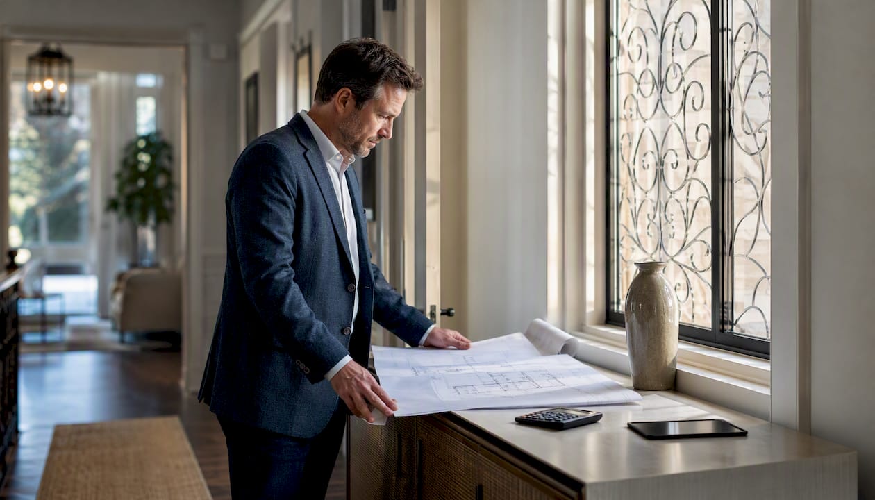 Landlord assessing rental investment documents