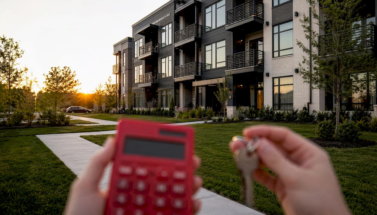 Residential rental property exterior with hands holding keys and calculator