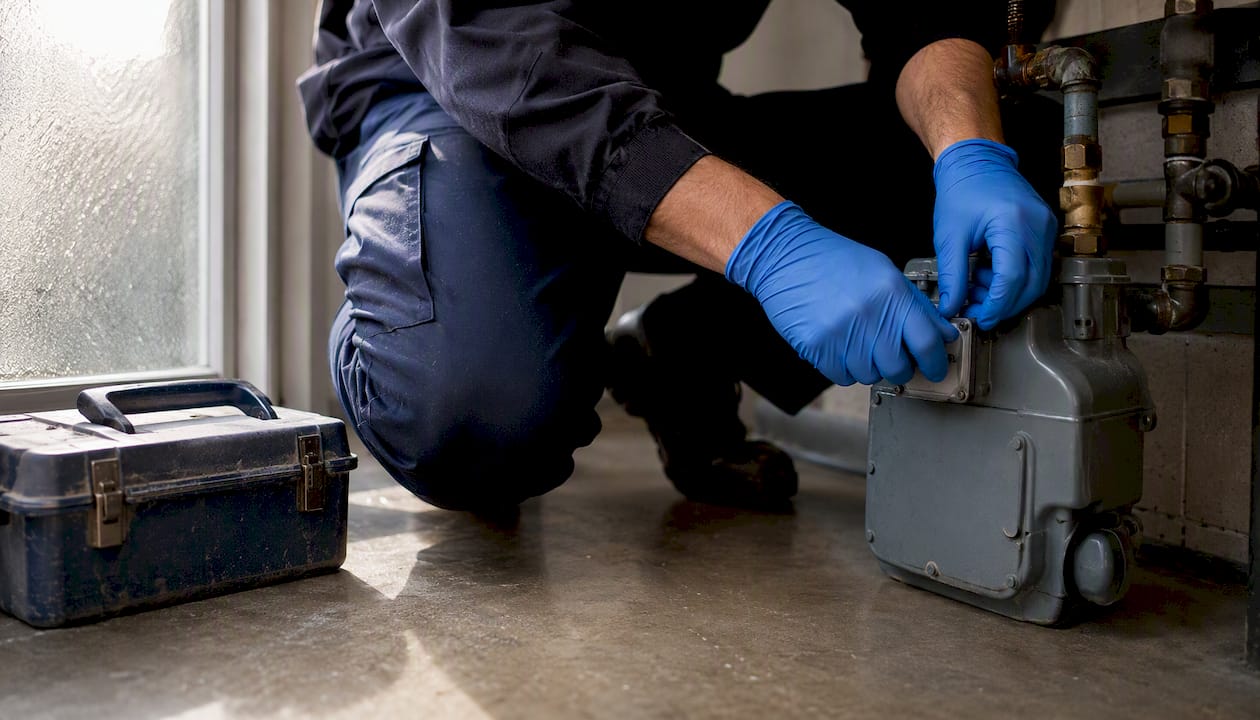 Hands adjusting water utility meter in rental property
