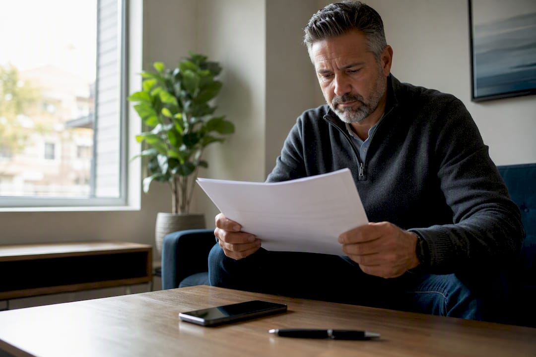 Landlord reviewing lease late fee clause at kitchen table