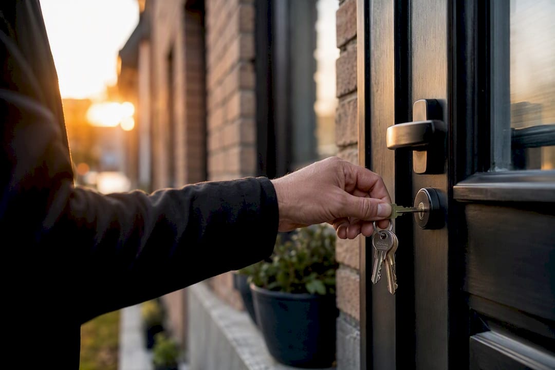 Landlord holding keys at rental property door