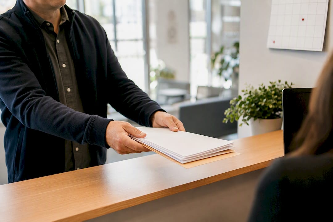 Hands submitting rental registration form