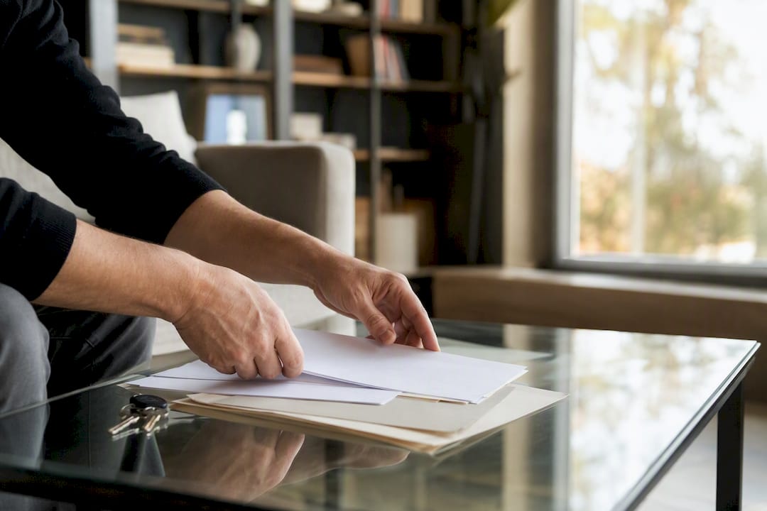 Hands organizing lease documents and keys