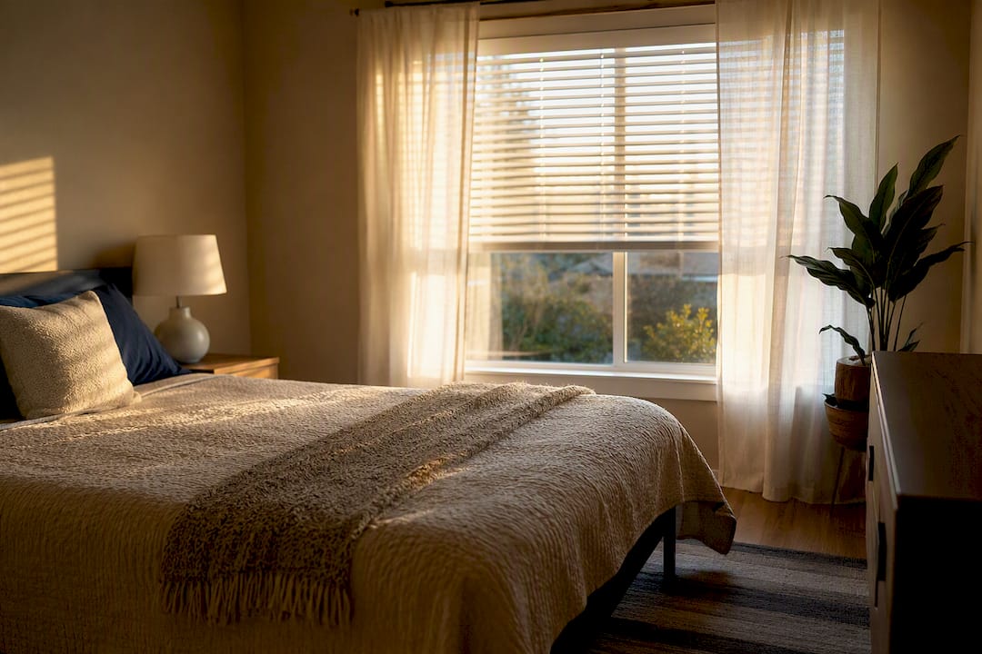Rental bedroom lit by warm golden hour sunlight