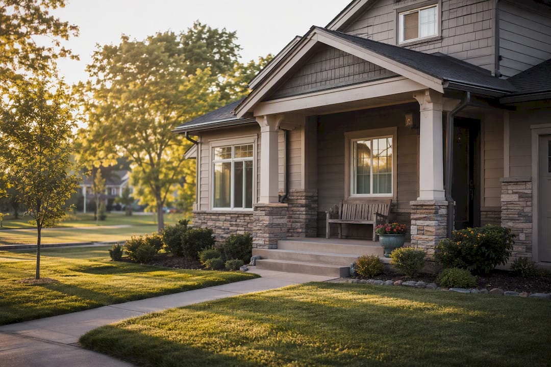 Rental home exterior at golden hour with tidy lawn