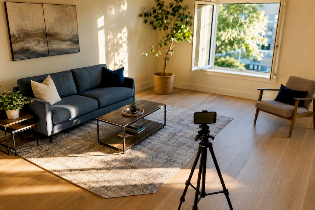 Wide-angle photo setup in staged rental living room