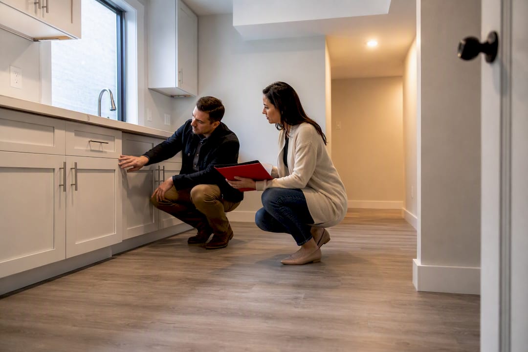 Tenant and landlord inspecting an empty rental kitchen