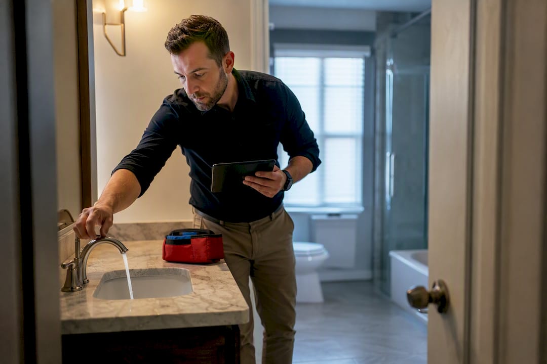 Property manager testing rental bathroom water flow