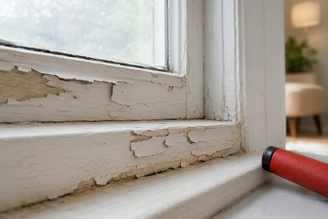 Close view of peeling paint on window trim