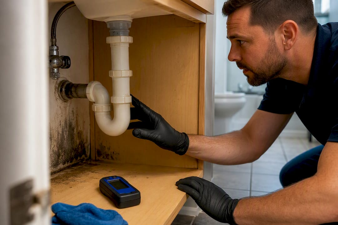Professional inspecting bathroom mold and moisture damage