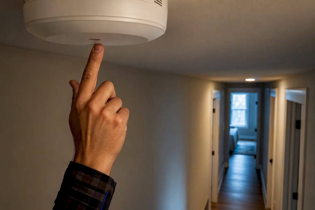 Inspector checking hallway smoke alarm placement