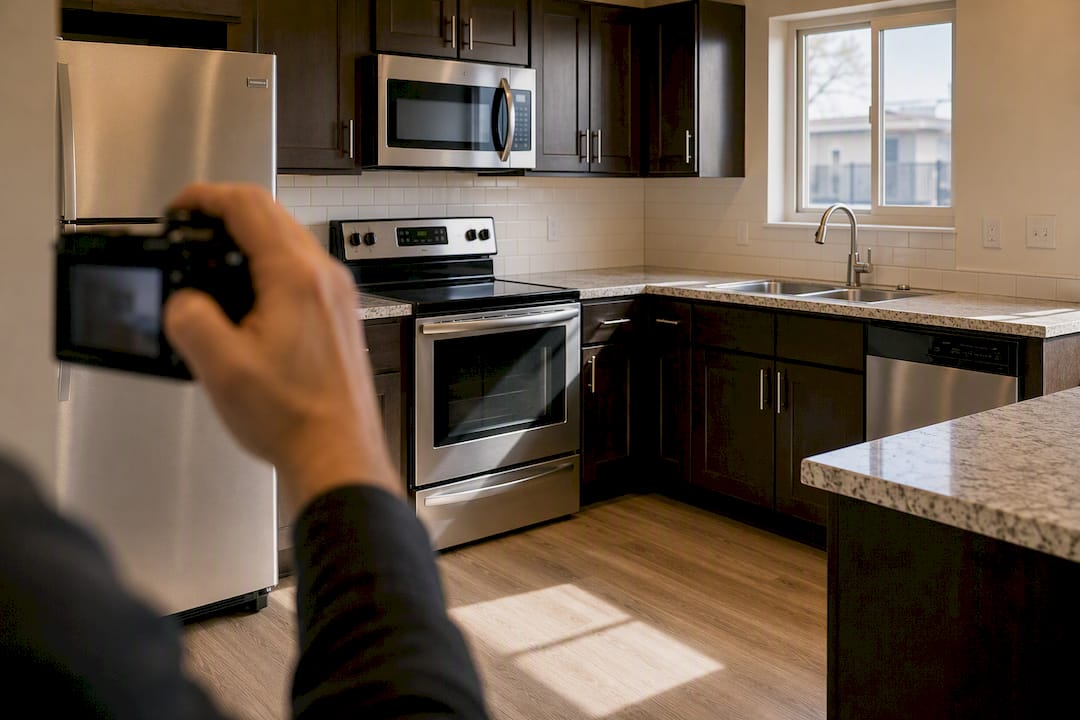 Photographing upgraded rental kitchen condition