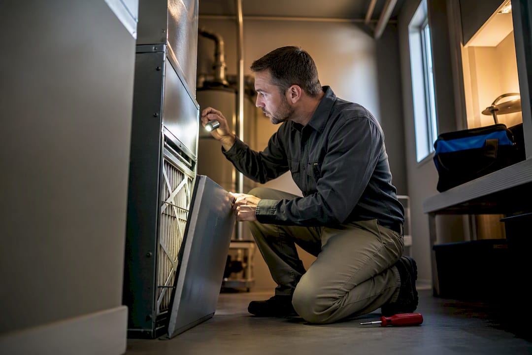 Technician inspecting rental property HVAC equipment