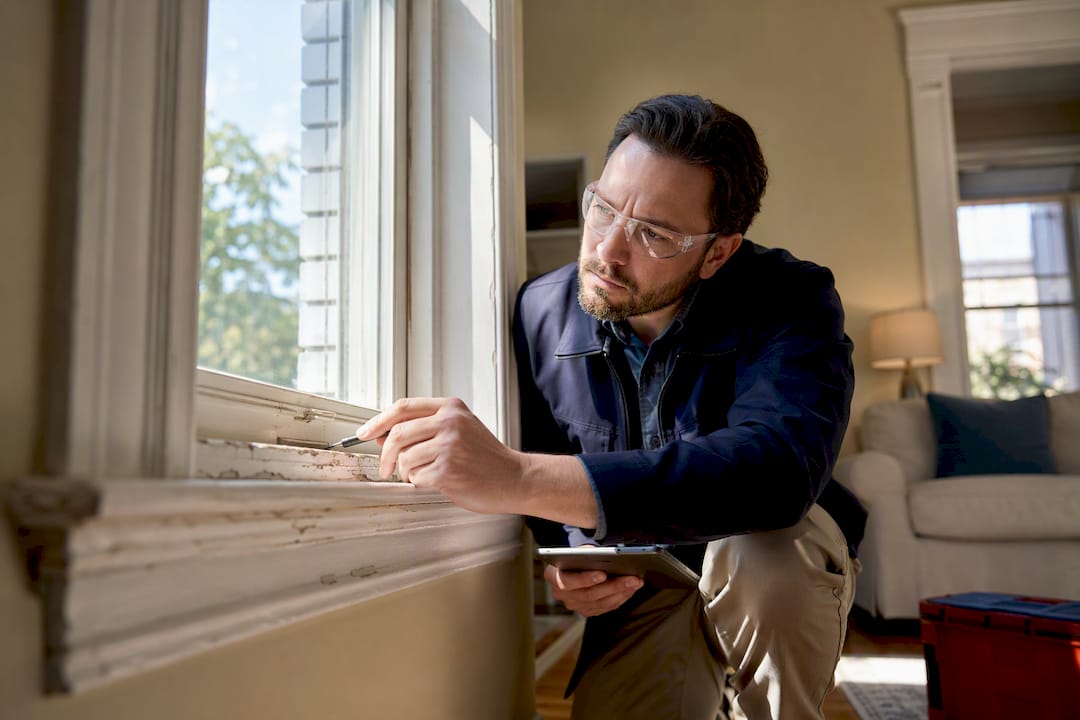 Inspector examining painted rental window trim