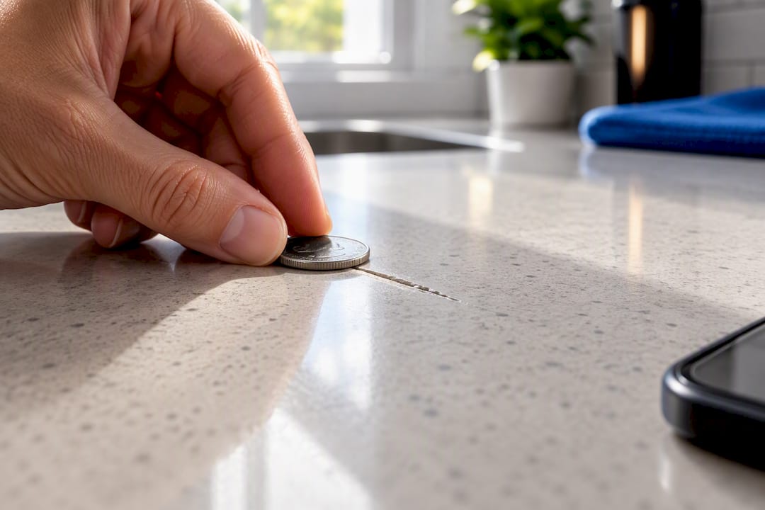 Coin beside countertop scratch for scale