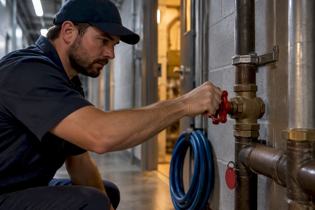 Technician turning condo water shutoff valve