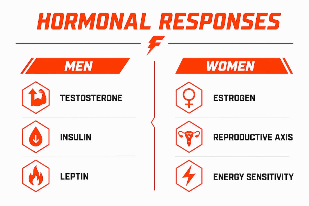 Infographic comparing men's and women's hormonal responses to fasting