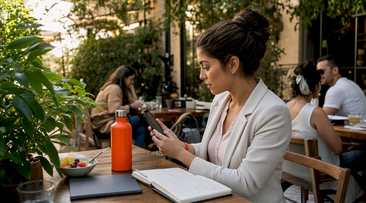 Professional woman checking fasting app at co-working desk