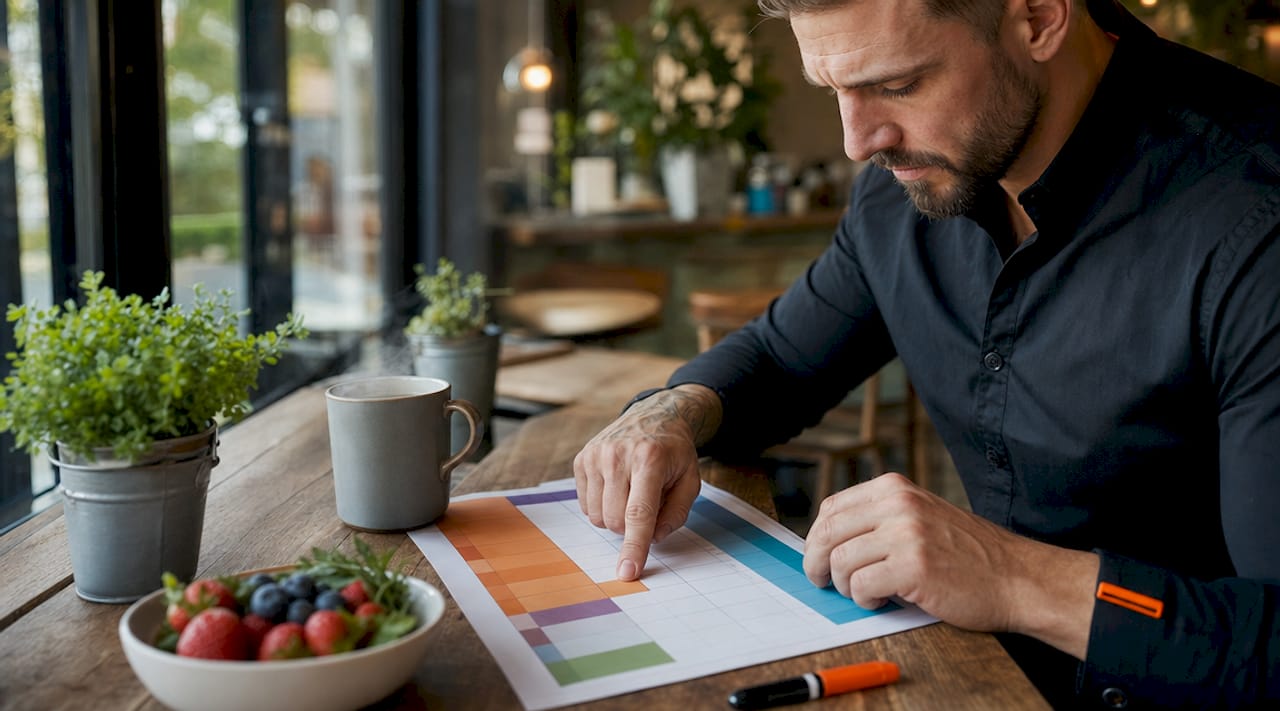 Hands pointing at intermittent fasting schedule at home desk