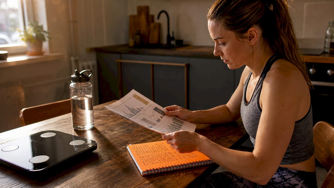 Woman reviewing body fat measurement data at kitchen table