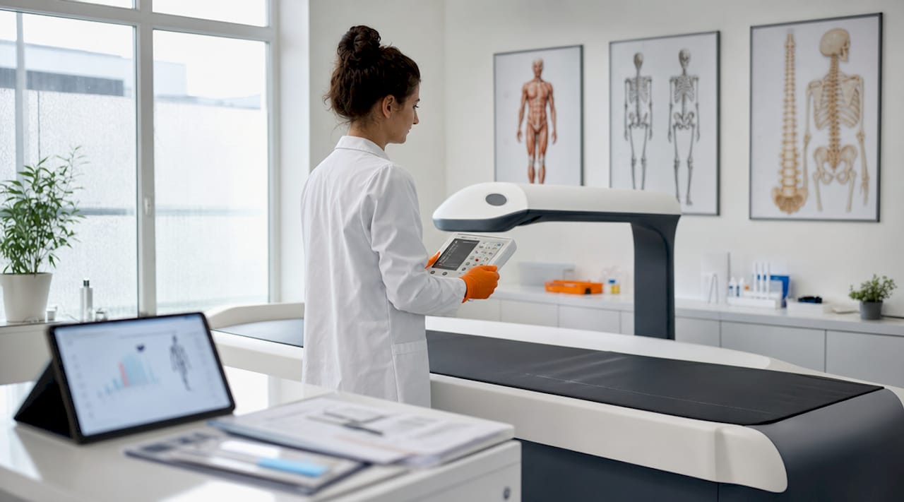 Hands holding DXA scanner remote in research lab