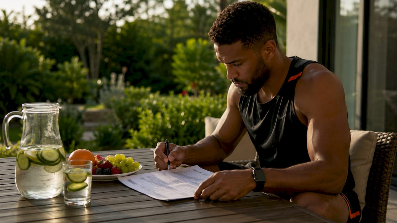 Athlete reviewing fasting and training schedule at kitchen table