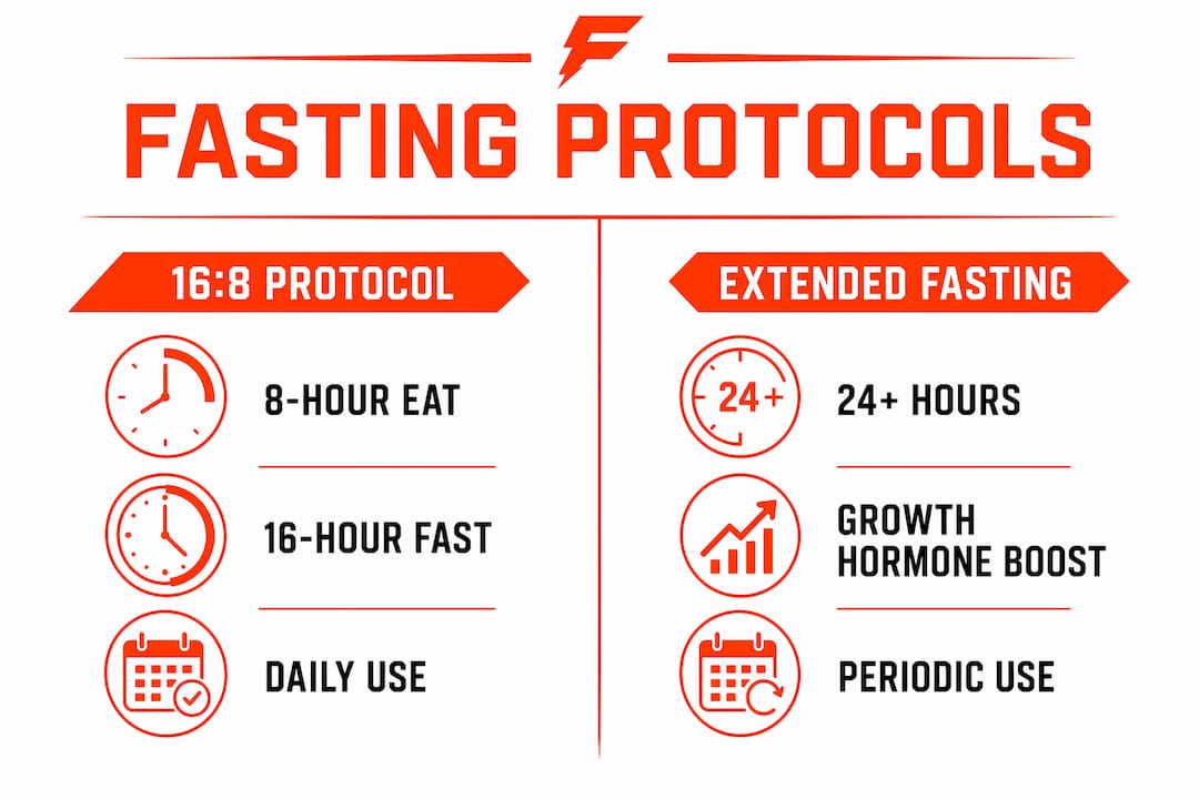 Infographic comparing 16:8 protocol and extended fasting