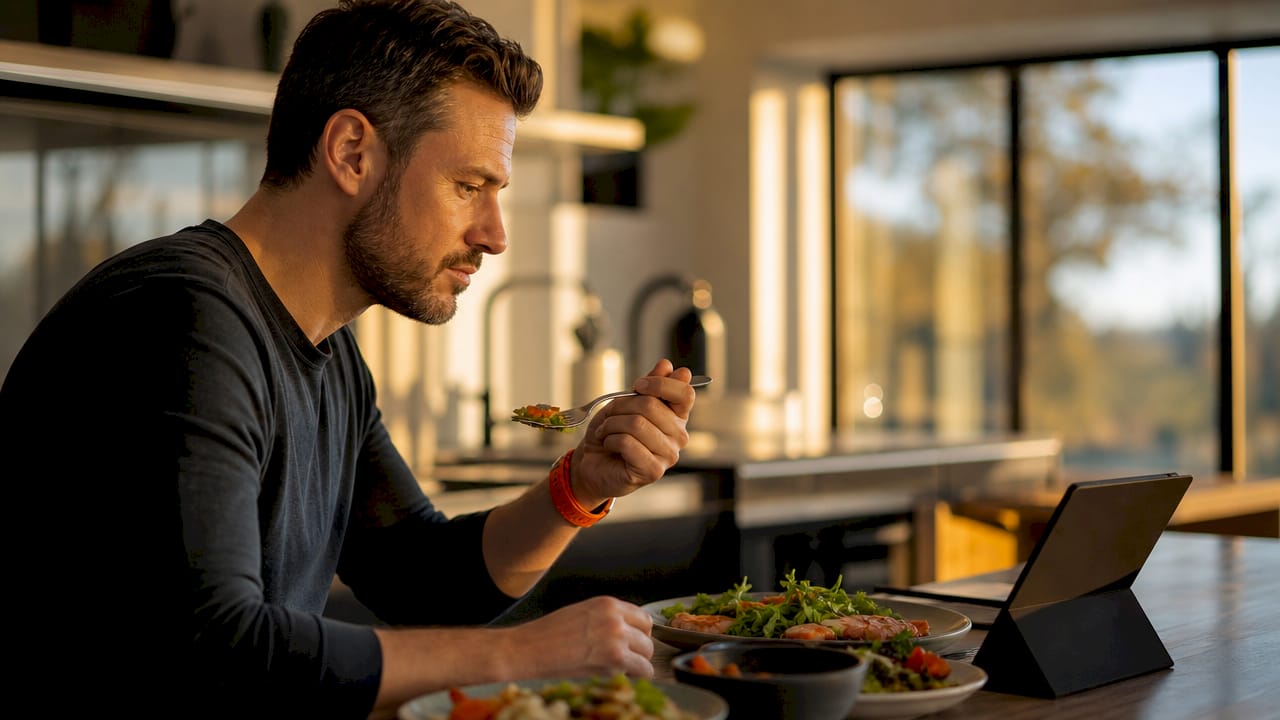 Professional manager eating lunch mindfully at desk