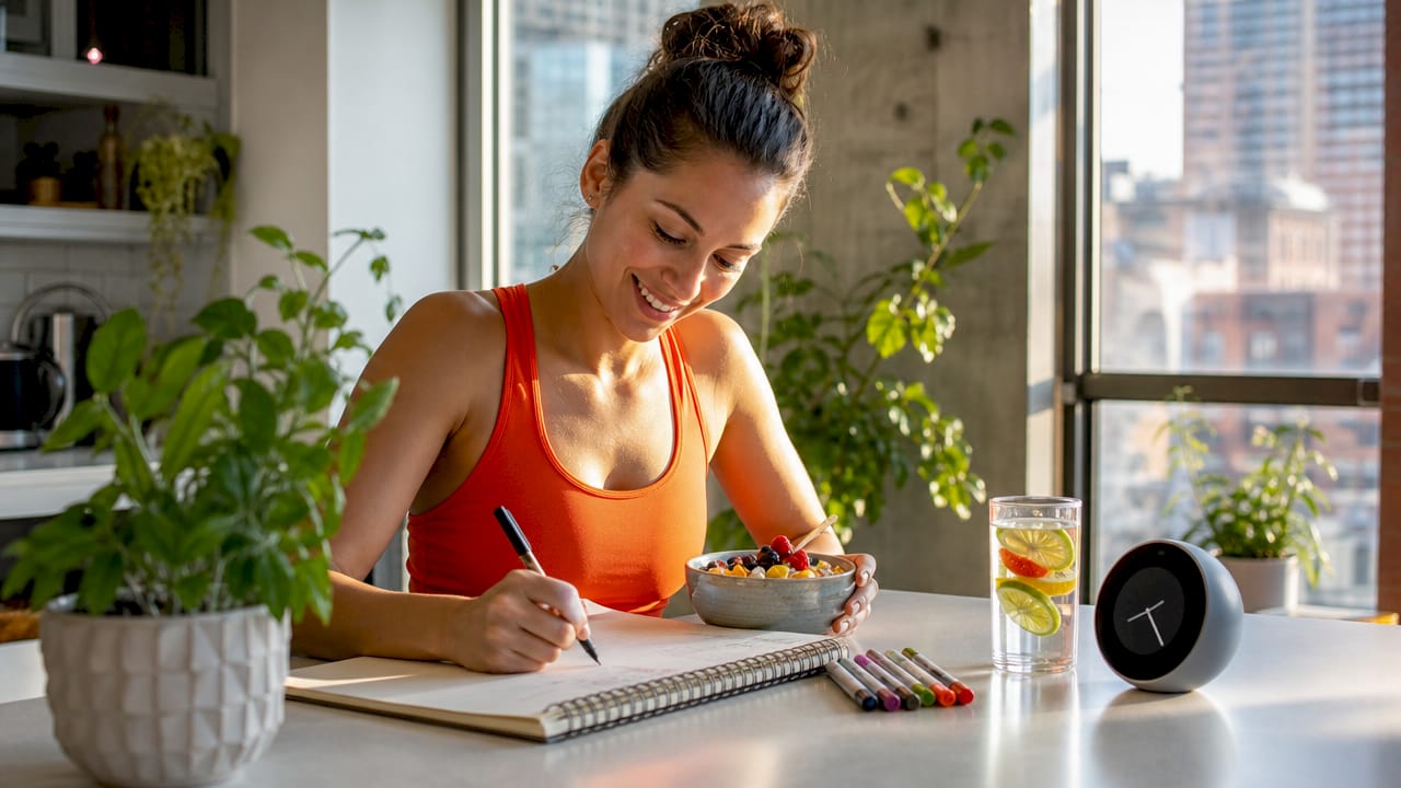 Woman eating healthy breakfast in morning light