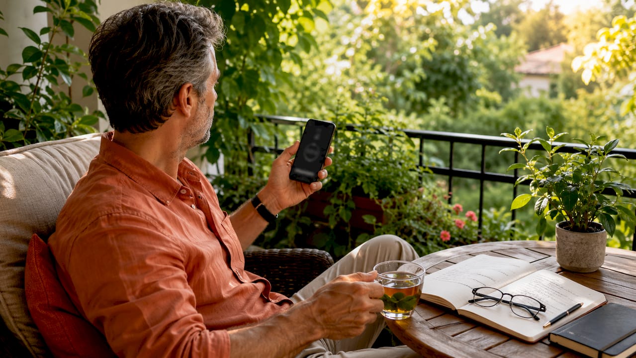 Man checking fasting timer on smartphone at desk