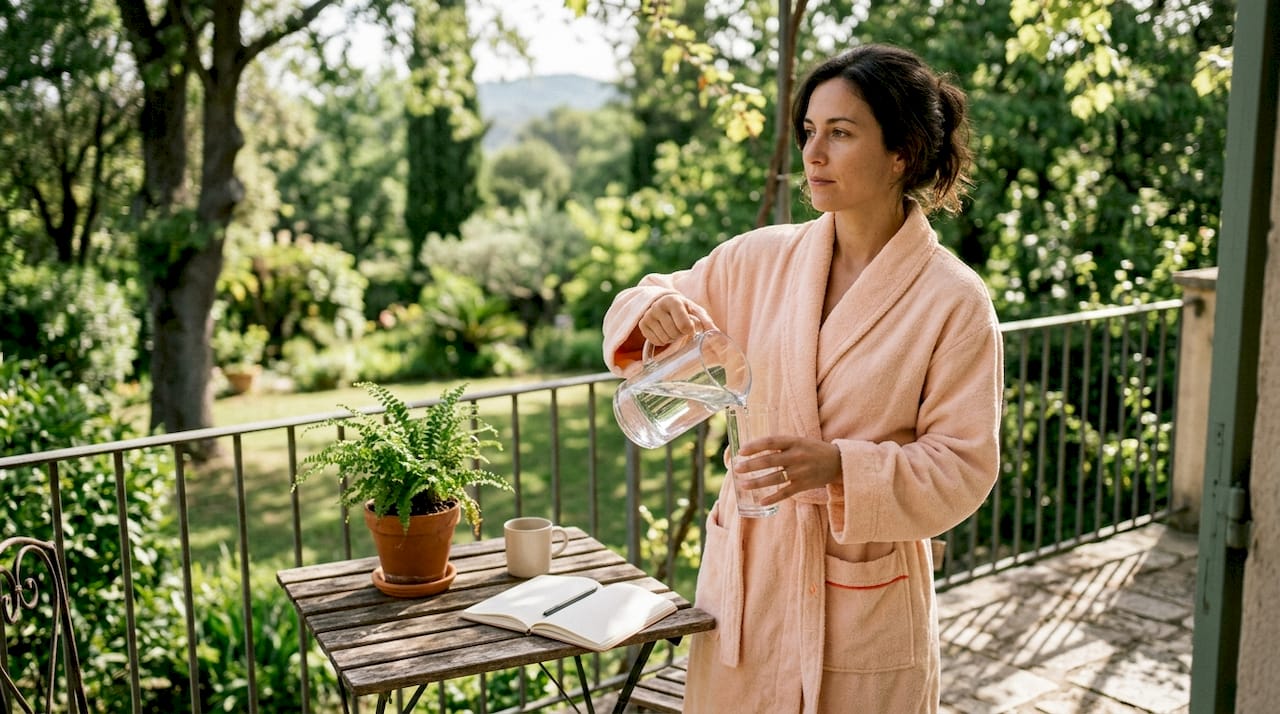 Woman hydrating in sunlit kitchen morning