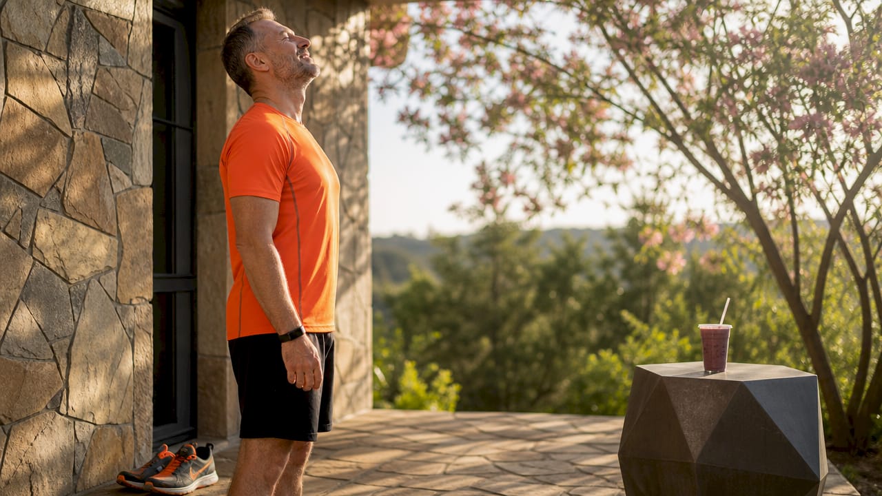 Man receiving morning sunlight outdoors
