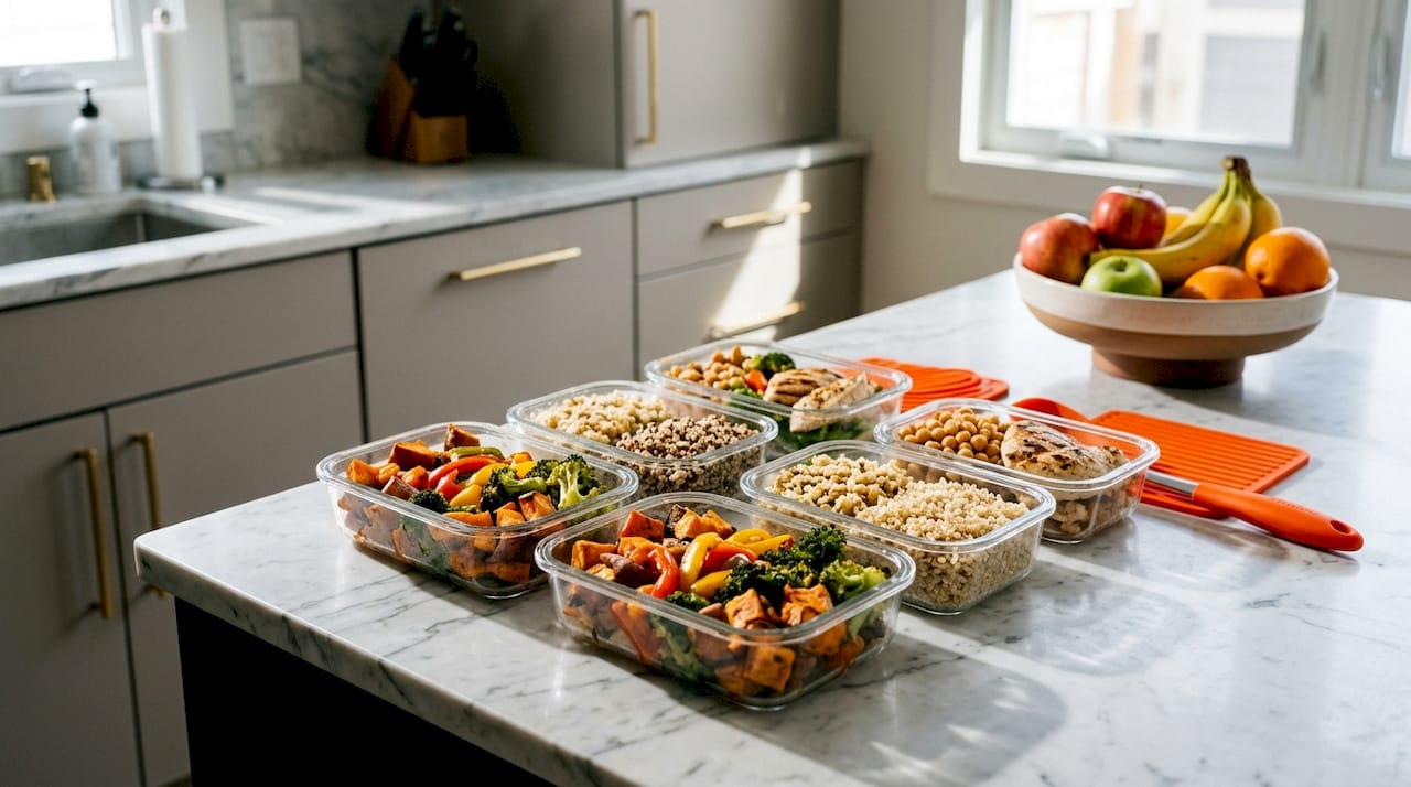 Overhead view of batch-cooked meal containers