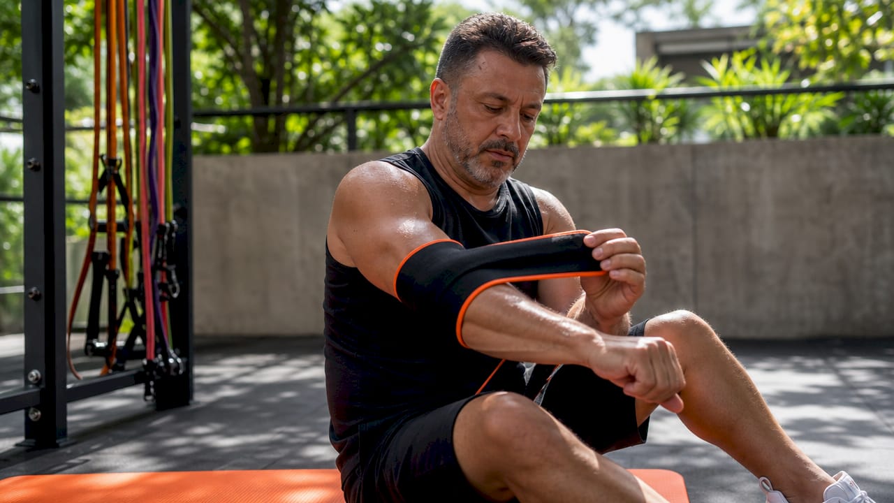 Man using compression band for muscle recovery
