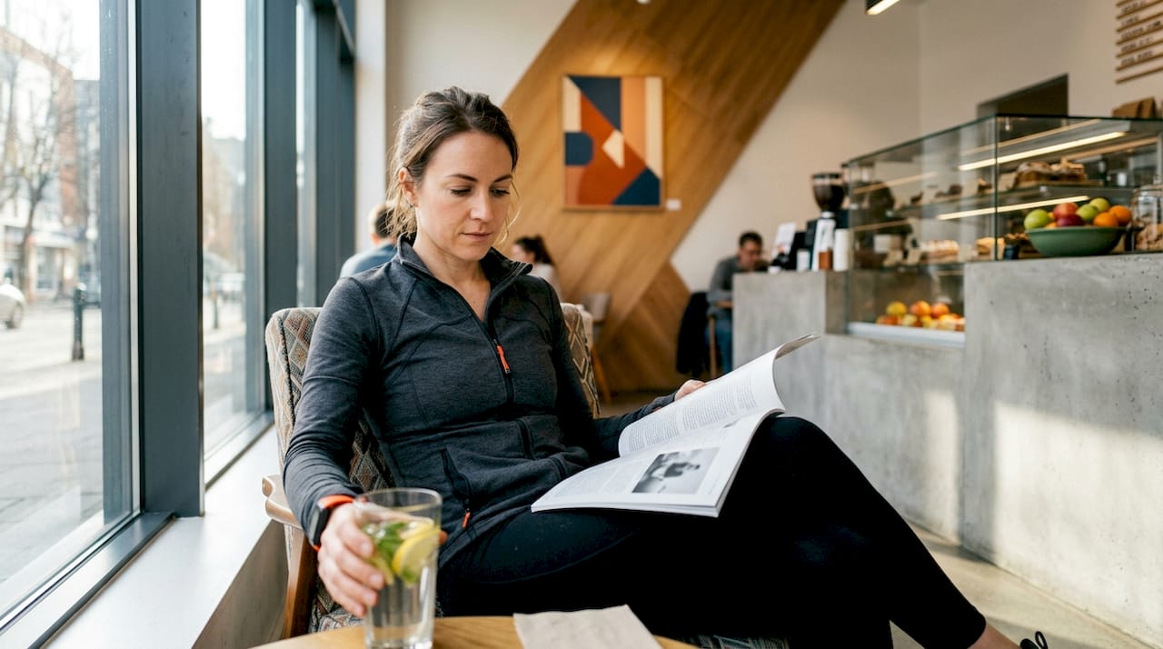 Woman reading article on fasting and sleep quality