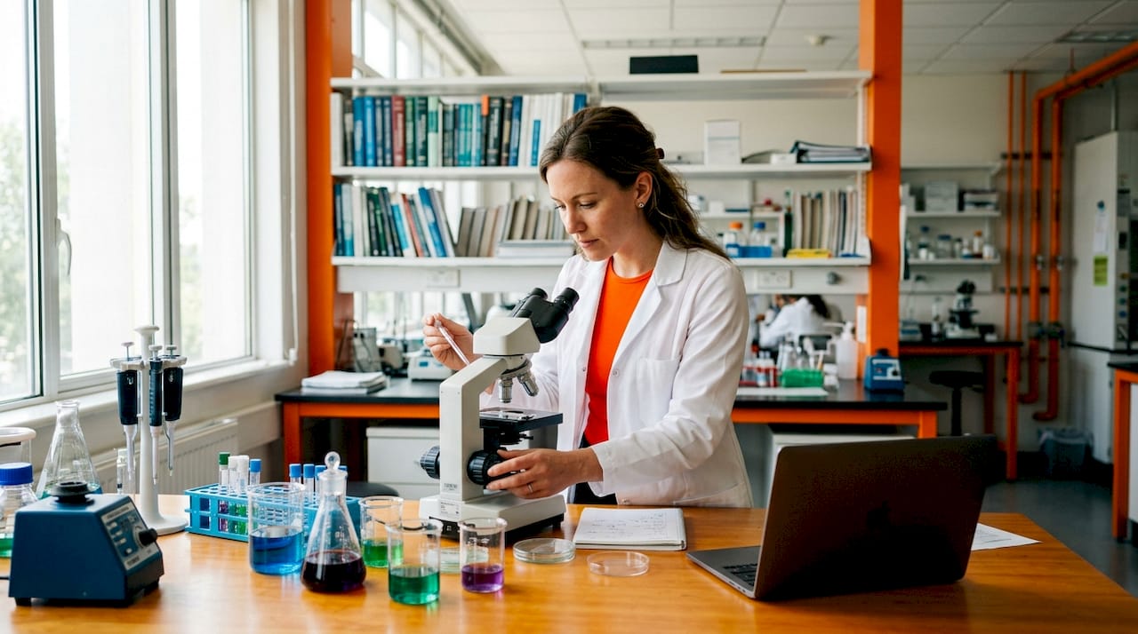 Scientist examining cell samples in lab