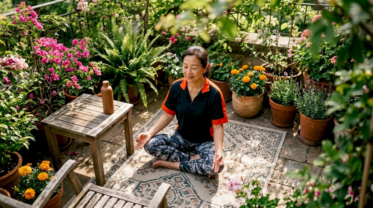Woman doing breathwork in bright living room