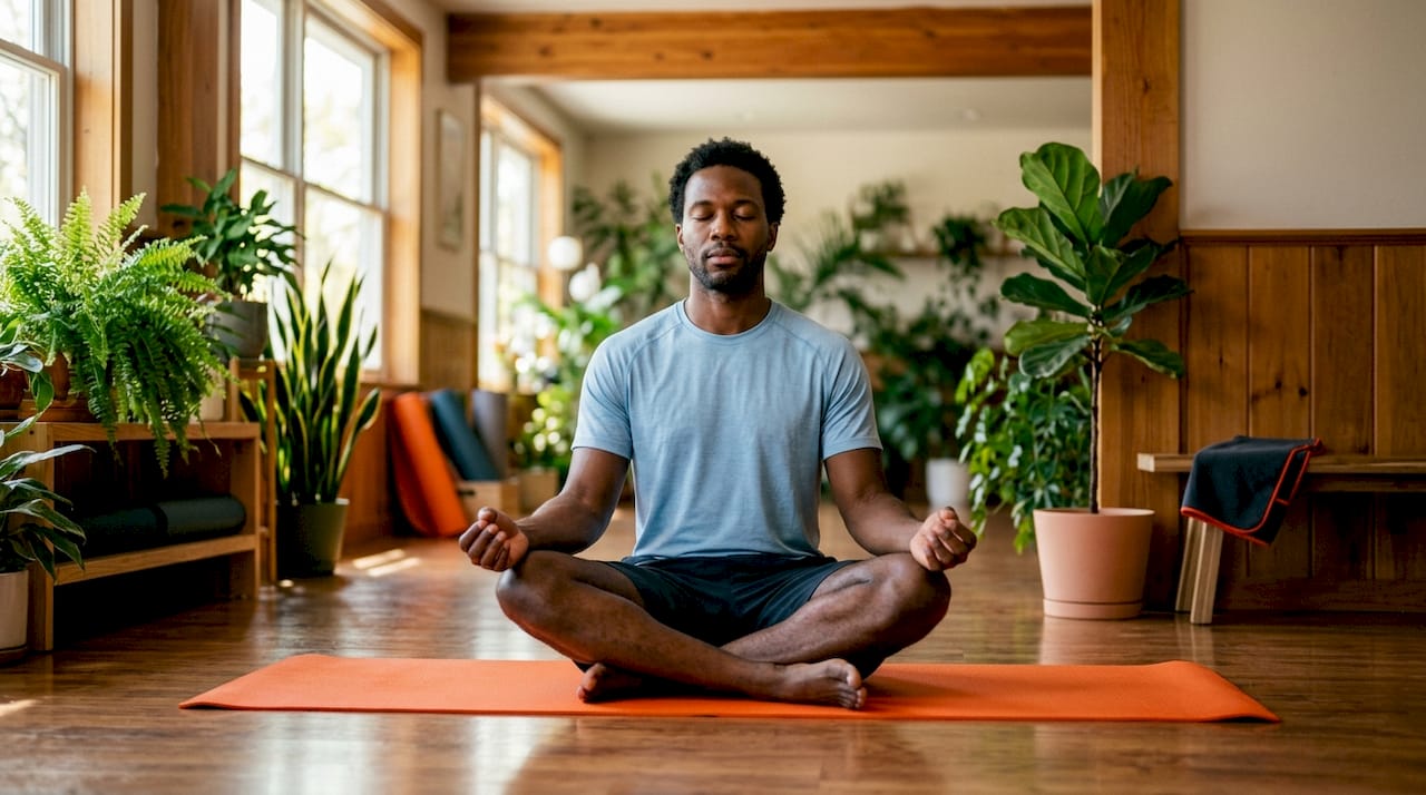 Man meditating focusing on breathwork hands