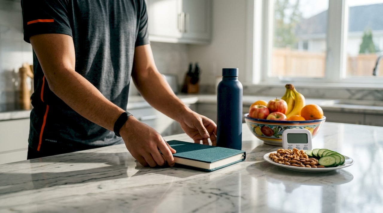 Overhead view of fasting routine setup with timer and healthy snacks