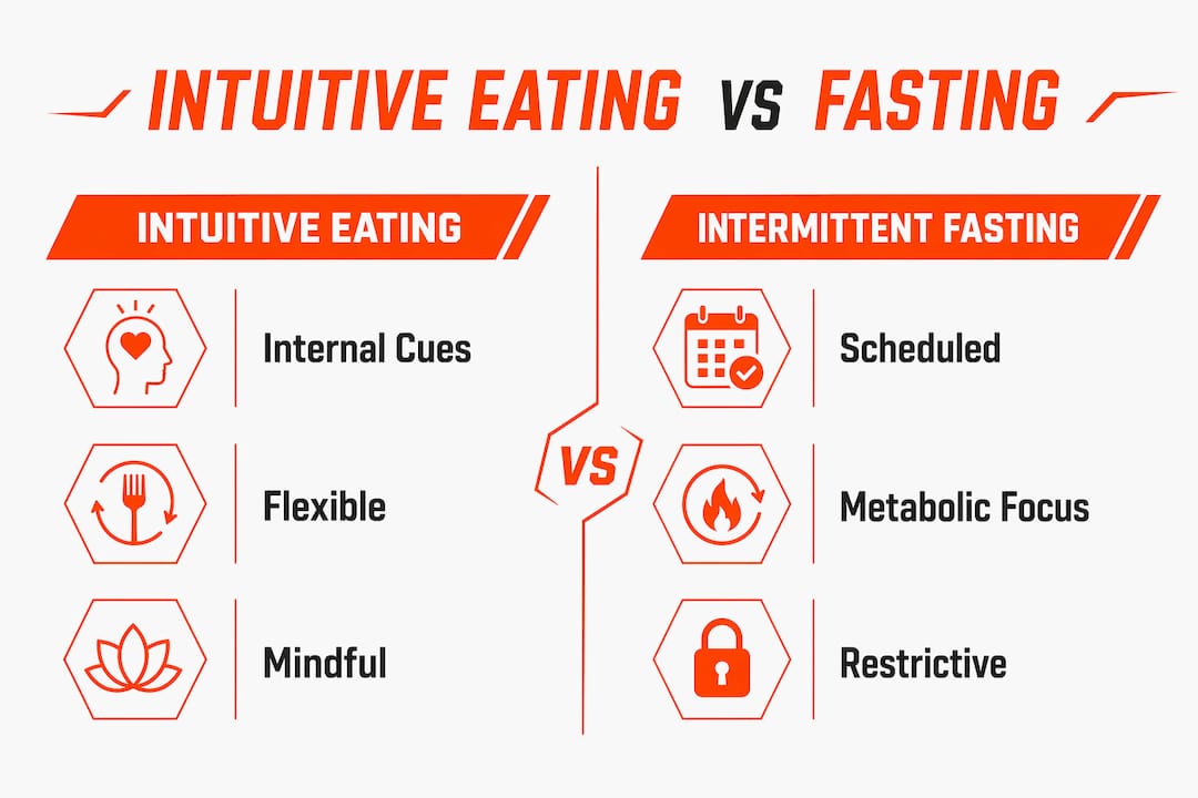 Infographic comparing intuitive eating and fasting key traits