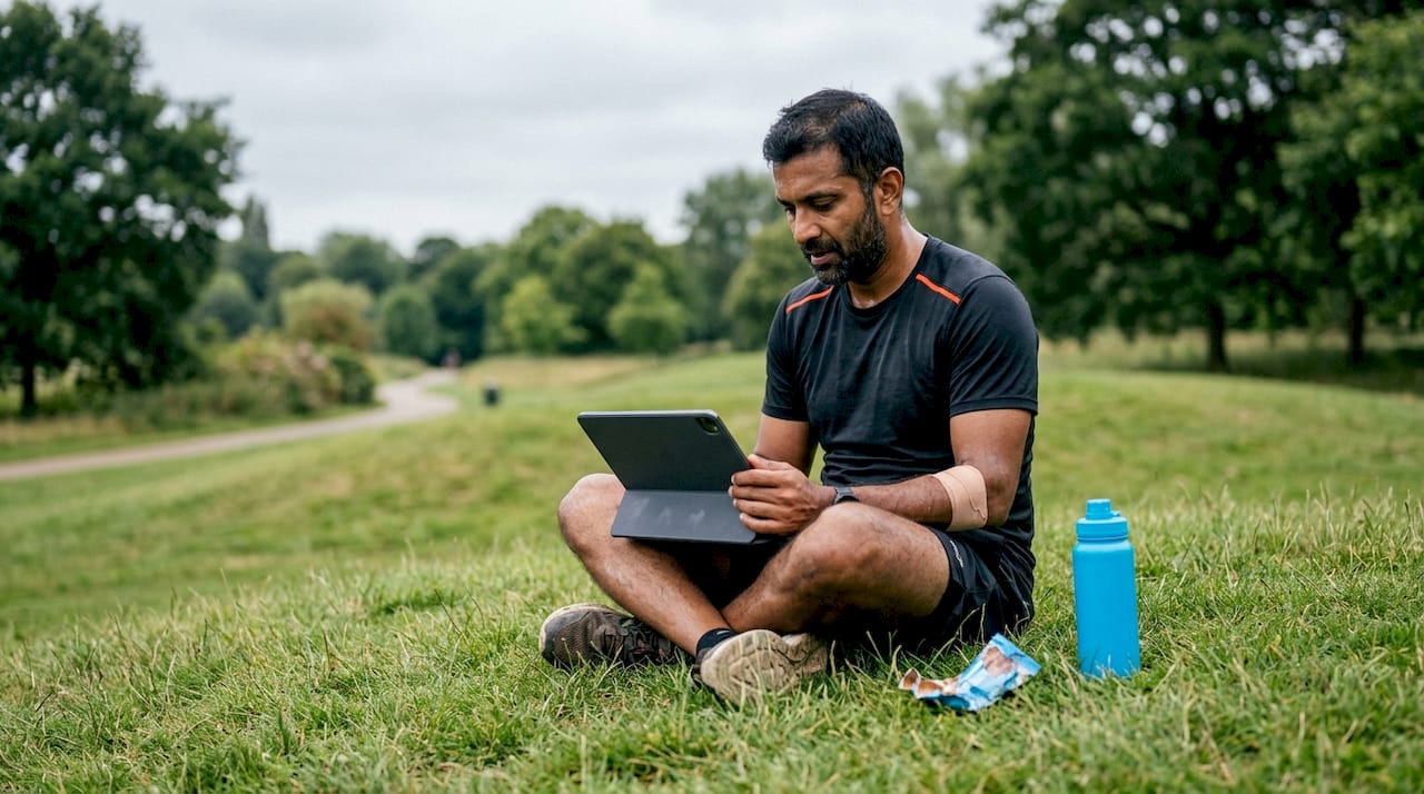 Athlete reviewing data outdoors post-training