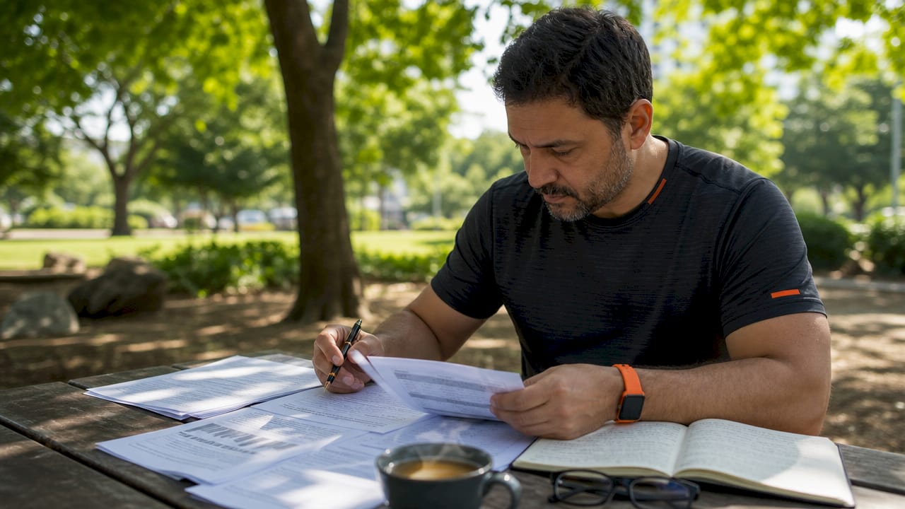 Man studying intermittent fasting research in café