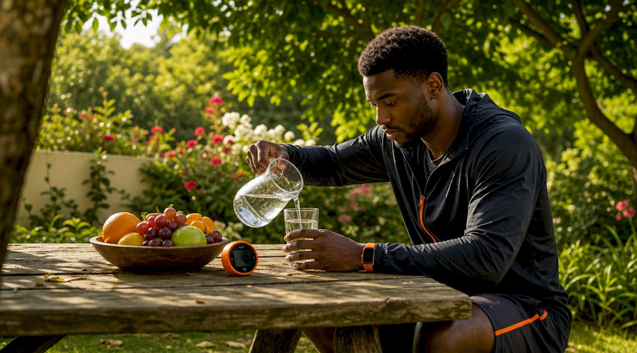 Man in kitchen during fasting hydration routine