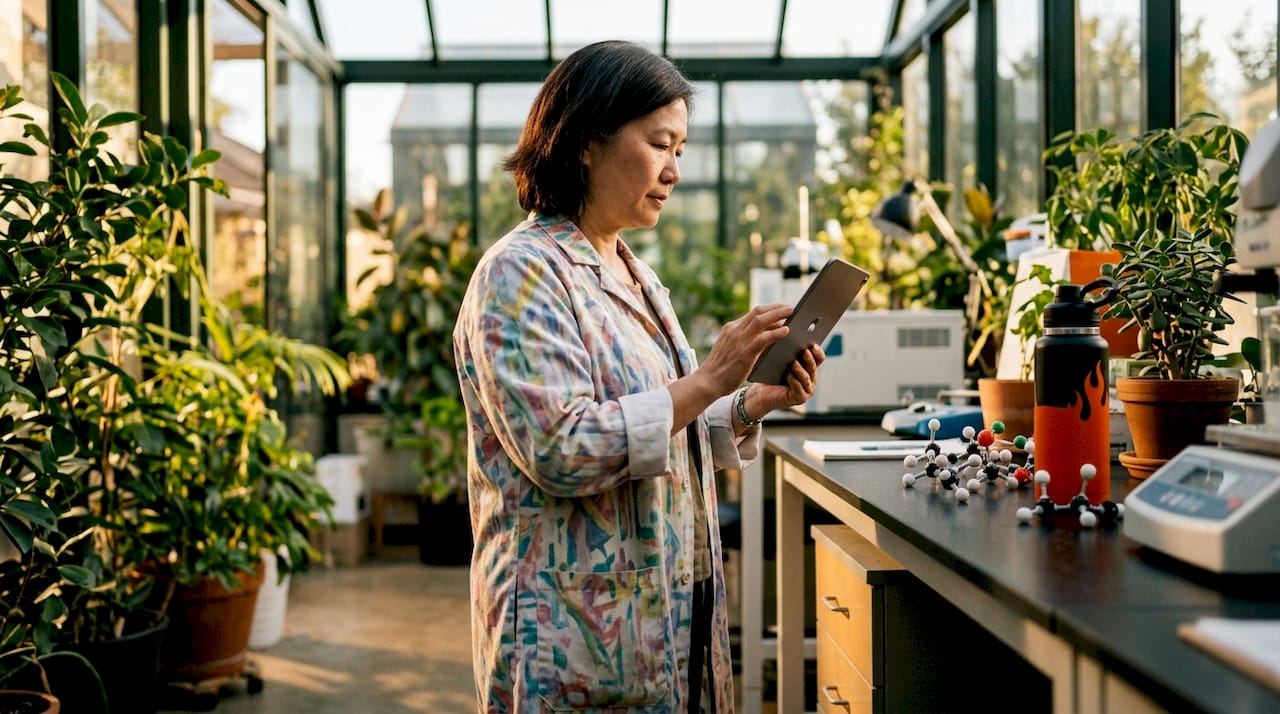 Scientist reviewing mitochondrial research in lab