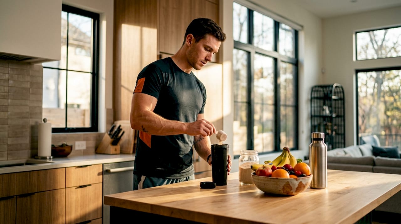 Hands preparing protein shake at home