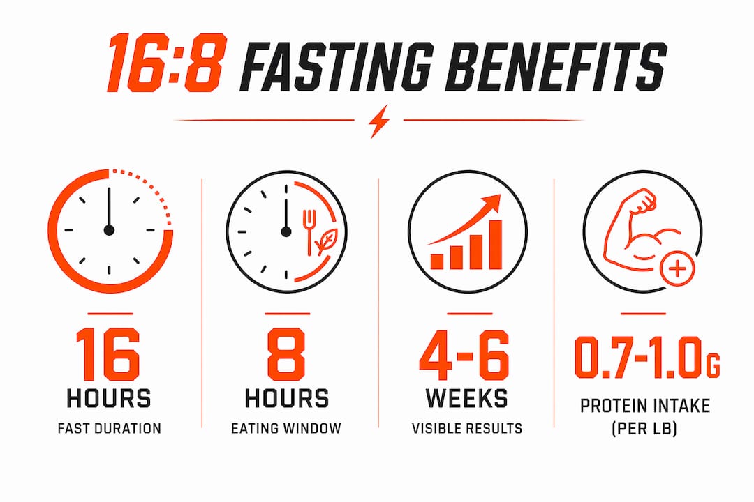 Infographic showing key 16:8 fasting benefits and metrics