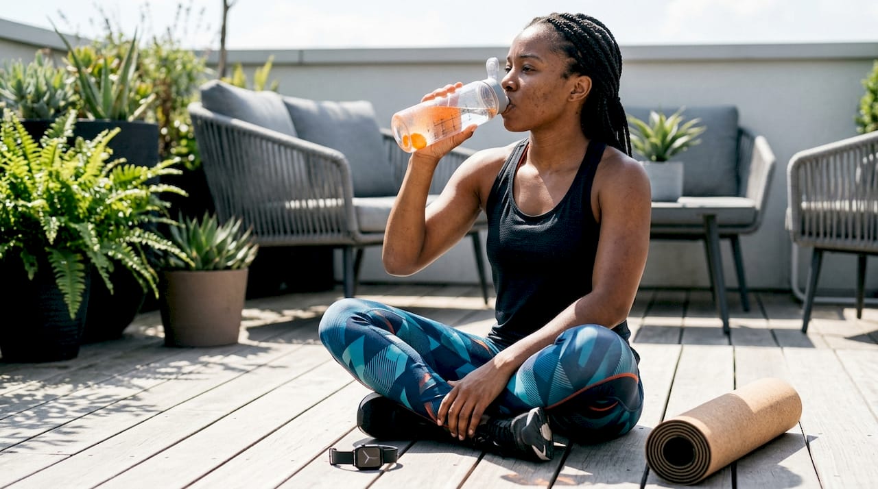 Woman drinking electrolyte water in home gym