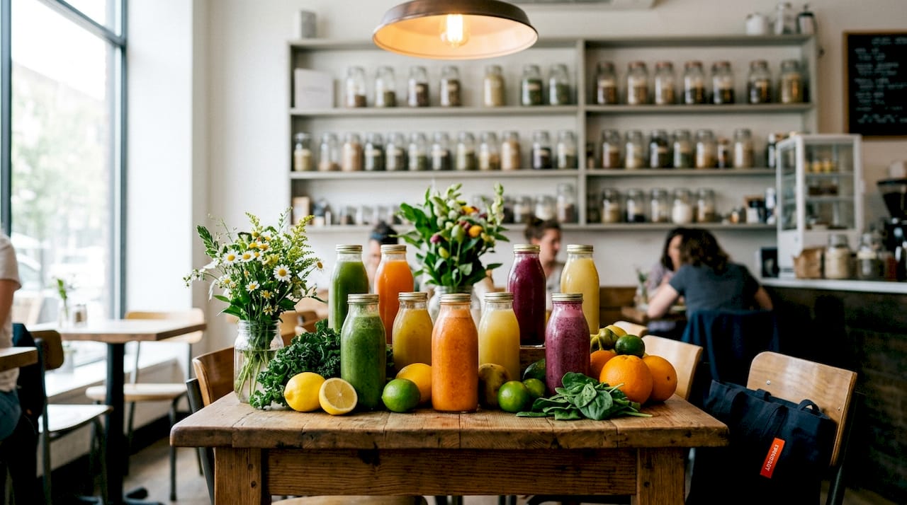 Colorful juice cleanse bottles with fresh ingredients