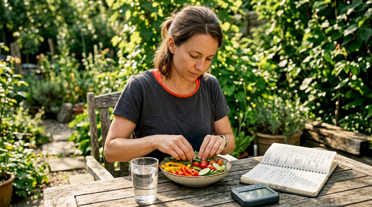Woman preparing healthy meal practicing fasting